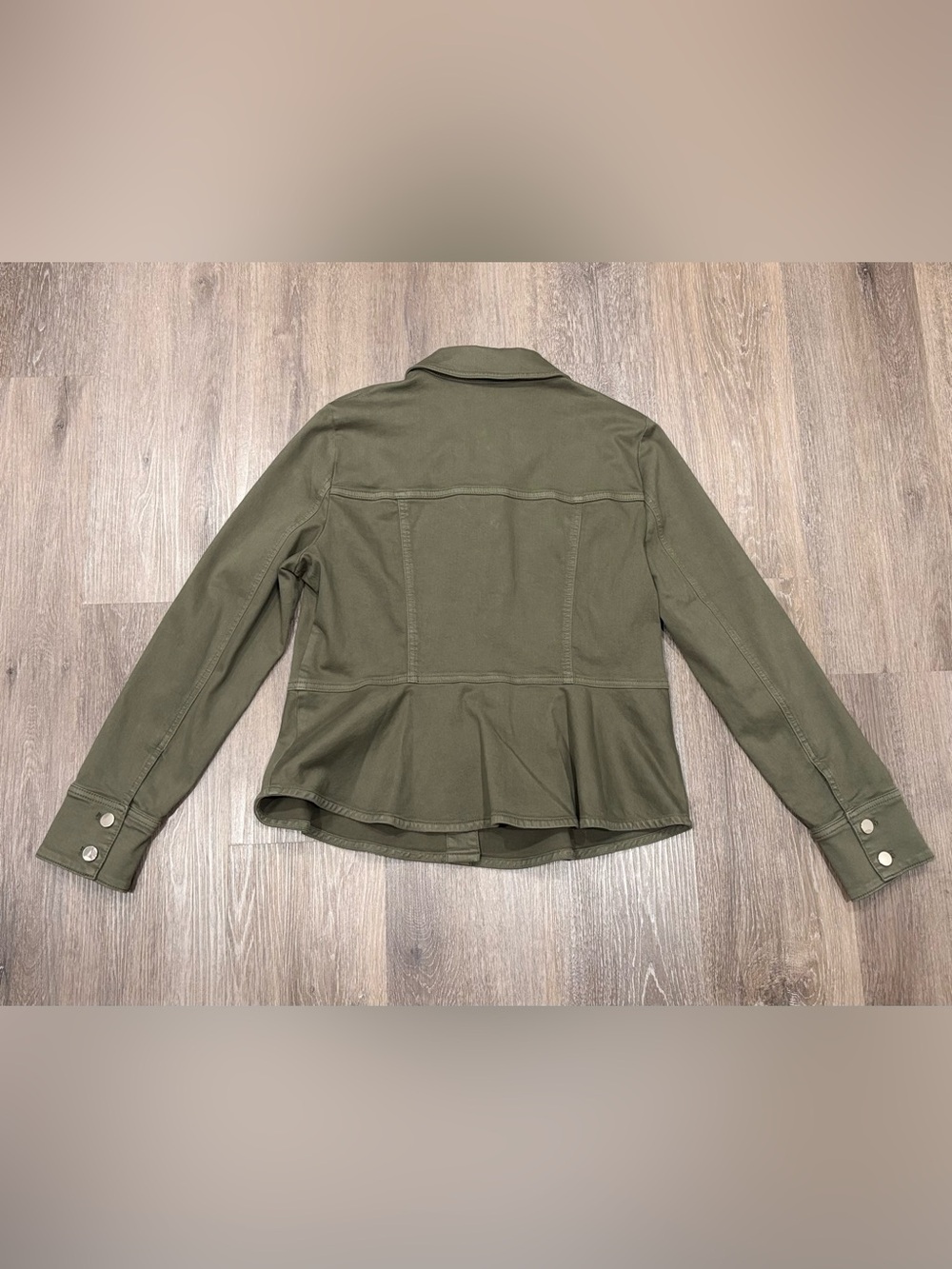 White House Black Market Olive Green Peplum Utility Moto Jacket Size Large - Picture 6 of 8